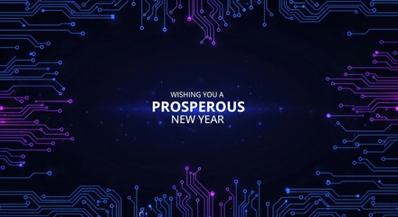 Wishing You a Prosperous New Year Digital Greeting Card with Futuristic Circuit Board Design and Glowing Lights
