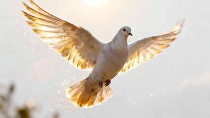A dove in flight with golden light