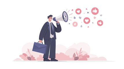 Businessman using a megaphone for marketing promotion, creating social media engagement with likes and hearts. Communication concept.