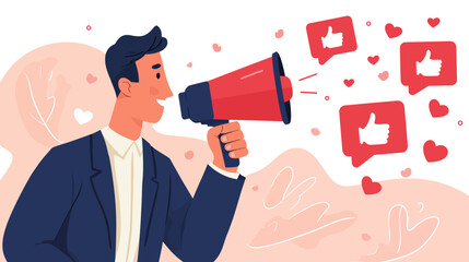 Man with megaphone spreading social media marketing message and engaging audience with likes and hearts. Digital advertising promotion concept.