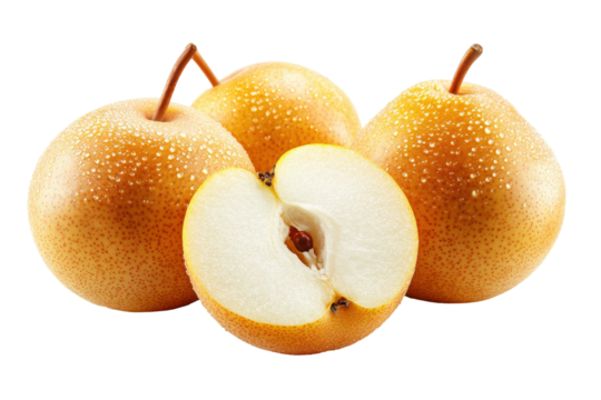 Fresh ripe asian pears with one cut in half isolated on transparent background. Pear fruit isolated on white background.