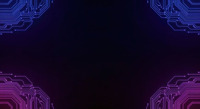 Abstract futuristic technology background with glowing circuit board patterns in blue and purple neon lights forming a digital frame