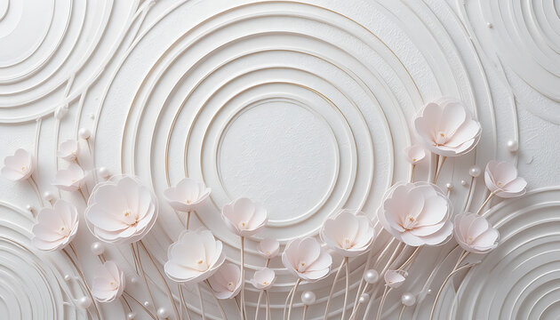 Elegant white floral design with concentric circles and pearl accents in a modern style art piece 3d wallpaper home decoration custom 3d photo wallpaper panaflex design for wall hd background