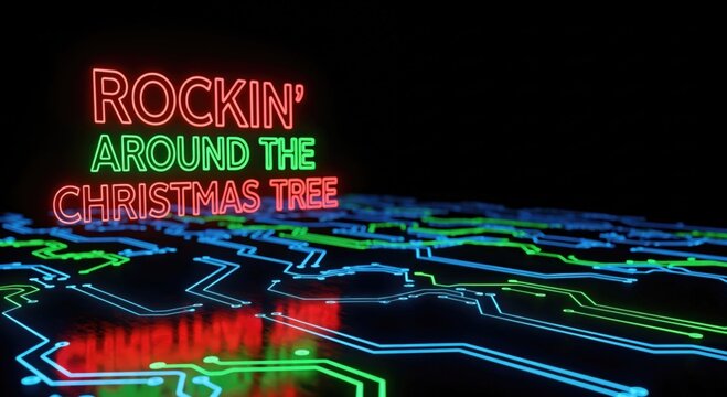 ROCKIN' AROUND THE CHRISTMAS TREE Neon Sign on Circuit Board Background Festive Holiday Music Celebration