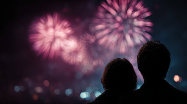 romantic couple watching colorful fireworks, joyful expressions, night sky backdrop, celebration moment