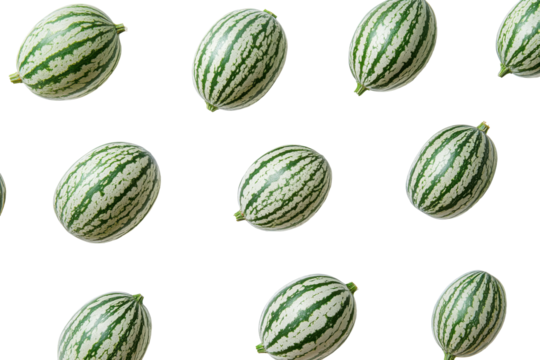 Mini watermelons arranged in a grid pattern isolated on transparent background. Pepino melons isolated on white background. - Powered by Adobe