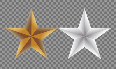 Two realistic metallic stars one gold and one silver on a transparent background