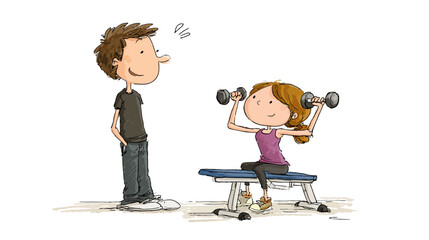 Whimsical cartoon illustration of a strong woman lifting dumbbells on a weight bench with a man observing her workout.
