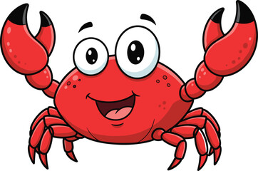 Cartoon red crab with smile, expressive marine character sketch, raised claw vector, playful ocean animal pose, educational illustration concept
