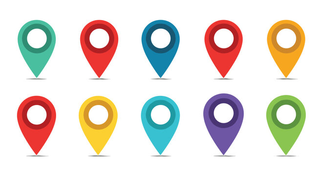 Collection of ten colorful map location pins in various hues, featuring a classic teardrop shape and central circle for navigation.
