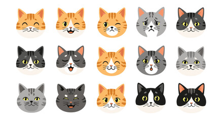 Obraz premium A charming set of fifteen cartoon cat faces with diverse fur patterns and expressive emotions, including joy, sadness, surprise, and playfulness, isolated on white.