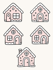 A set of six cute hand-drawn gingerbread house outlines arranged on a soft pink background, each featuring unique windows, doors, and candy-like decorations in a simple festive style.