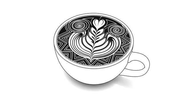 Latte Art - A Detailed Black and White Illustration of Coffee.