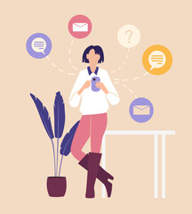 Creative young woman chatting and messaging with phone