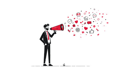 Businessman using a megaphone to broadcast social media messages and engagement icons. Digital marketing, promotion, and online communication concept.