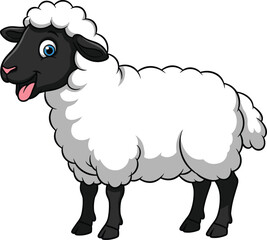 Cartoon sheep character, cheerful expression sketch, black face and legs, fluffy white wool vector, playful animal illustration concept