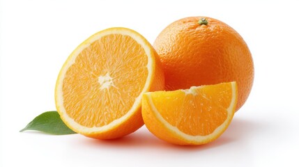 juicy orange fruit, whole and sliced, isolated on white, tropical fresh look