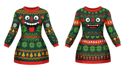 Festive ugly Christmas sweater dress with a cartoon monster face and holiday pattern, perfect for parties and fun seasonal promotions, originally a vector graphic