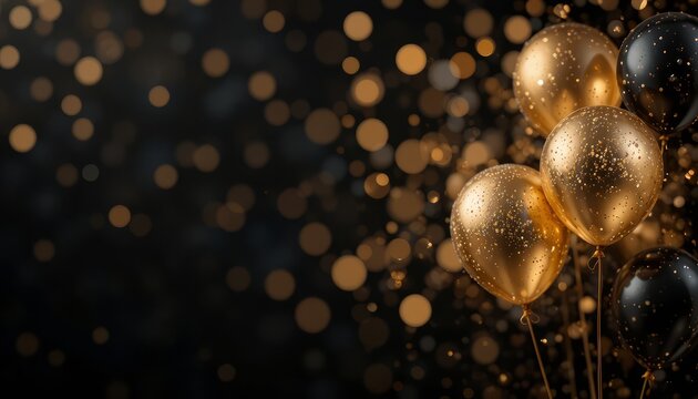 A collection of gold and black balloons against a dark background with sparkling bokeh lights. The scene conveys a festive atmosphere, ideal for celebrations.