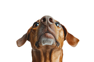 Close up of a pinscher dog s nose and eyes looking up isolated on transparent background. Pinscher dog looking upwards with alert expression isolated on white background.