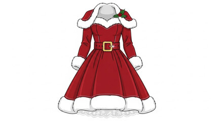 Festive Mrs Claus Dress with Holly Accent, Perfect for Holiday Cheer and Christmas Celebrations, Costume Design with Fur Trim and Elegant Silhouette