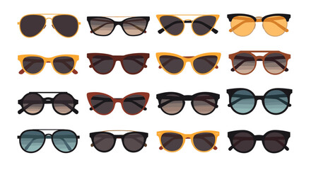 A diverse collection of trendy and stylish sunglasses in various shapes, frame colors, and lens tints, showcasing diverse fashion accessories for summer.