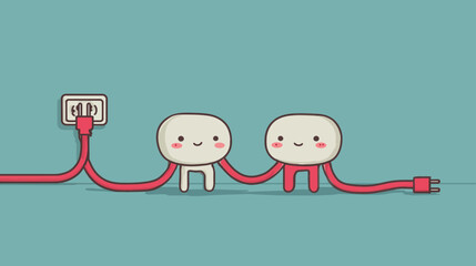 Cute cartoon characters connected by a red electrical cord to a wall socket, illustrating digital connection, energy, or sharing