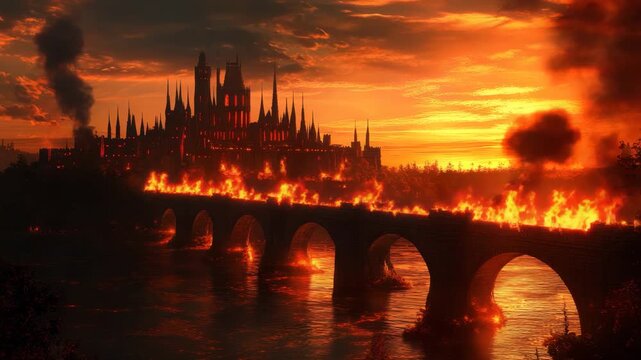 Burning medieval bridge at sunset  