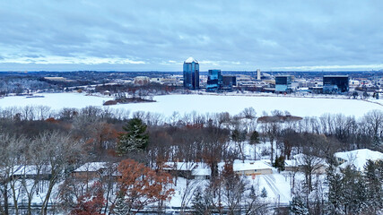 Aerial photography of light snow covered Normandale Lake, Bloomington, Minnesota	
