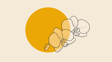Minimalist Yellow and Orange Orchid Flower Illustration with a Warm Circle Background, Elegant Botanical Vector Art