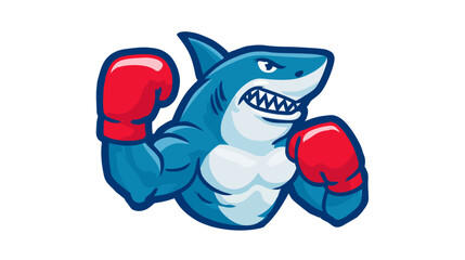 Aggressive cartoon shark boxer mascot with red gloves, muscular character illustration, strong fighter vector graphic