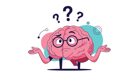 A confused pink brain character wearing glasses shrugs its shoulders with question marks above its head, symbolizing doubt or a complex problem.