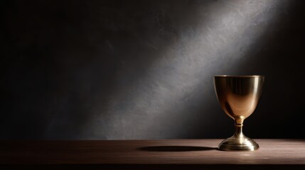 shiny gold trophy placed on wooden surface, moody dark backdrop, sparkling abstract light effects