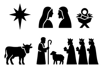 Fototapeta premium Different christmas Bible story silhouette icons set simple design. Vector stock illustration