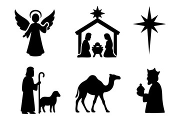 Fototapeta premium Different christmas Bible story silhouette icons set simple design. Vector stock illustration
