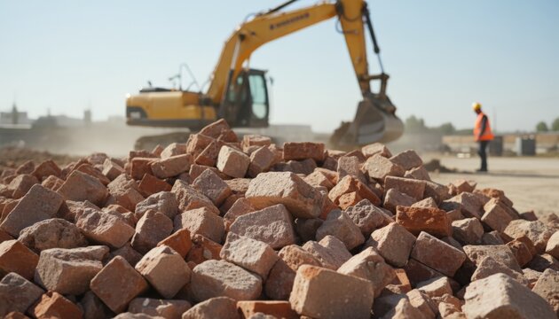 Pile of shattered red bricks and rubble in the foreground, with an excavator and a construction worker wearing a hard hat and safety vest blurred in the background, working under a clear sky