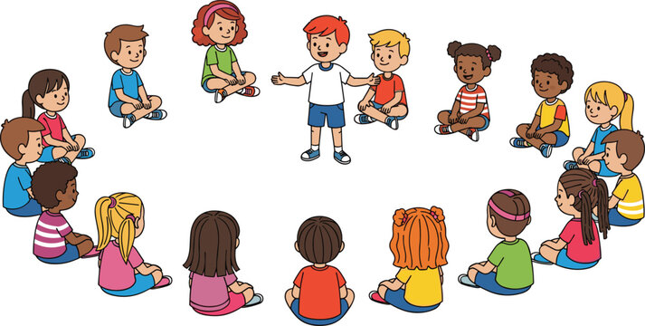 Children sitting in circle, classroom group activity, cartoon social interaction sketch, storytelling session vector, early education illustration concept