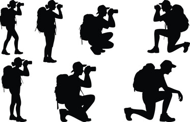 Traveler photographer silhouettes with backpack, hiking explorer taking photos, outdoor adventure poses, nature photography scenes, active hiker capturing landscapes in various stances