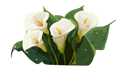 Elegant white calla lilies bouquet with fresh green leaves and delicate water drops, a minimalist floral illustration on a white background.