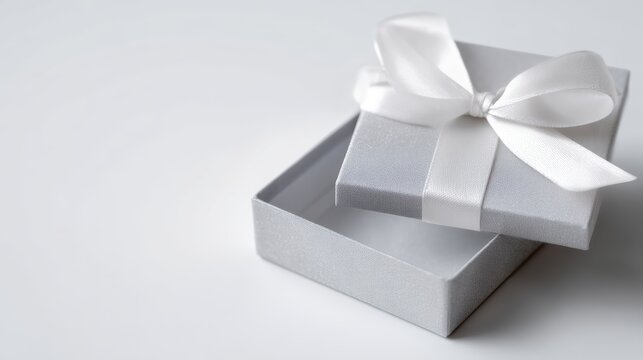 close-up of open jewelry gift box on white background, minimalistic and sophisticated presentation