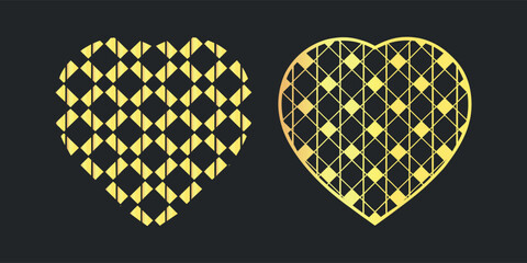 Two decorative golden geometric heart shapes, template design element.