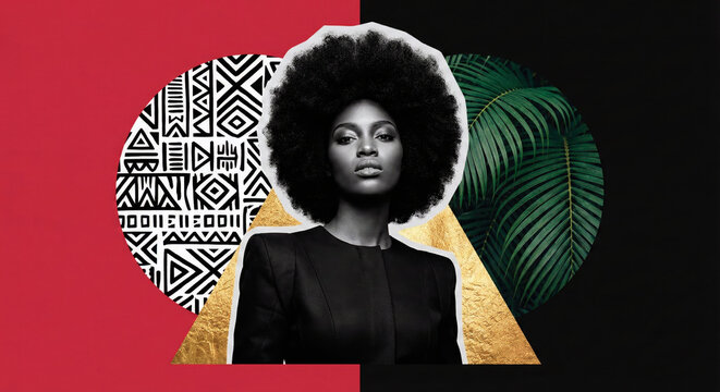 Artistic digital collage of a Black woman with afro featuring Pan-African colors, mud cloth pattern and gold texture, symbolizing modern heritage for Black History Month