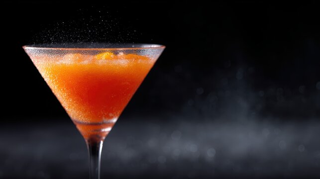 frosty cocktail with condensation, black backdrop, vibrant colors, elegant drink presentation