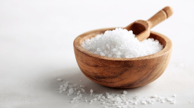 wooden bowl filled with sea salt and wooden spoon, clean white background, realistic and fresh look