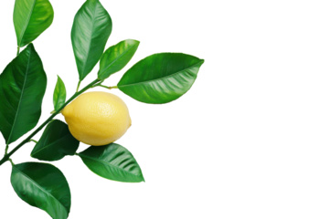 Single ripe lemon on a branch with green leaves isolated on transparent background. Ripe lemon fruit with fresh green leaves isolated on white background.