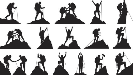 Mountain climber silhouettes, adventure hiking, summit success, teamwork on peaks, alpine trekking, outdoor exploration, extreme sport, mountaineering poses, rocky terrain, victory