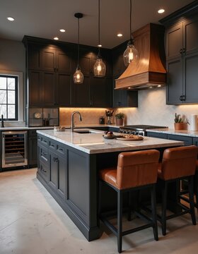 Modern dark custom kitchen with island, marble counters, wine cooler, and leather bar stools. Upscale home interior features sleek cabinetry, pendant lights, and professional range hood.