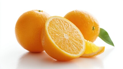 fresh whole oranges and halved orange, isolated on white background, vibrant and juicy