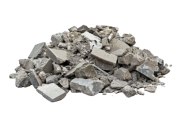 Pile of construction debris and rubble isolated on transparent background. Rubble pile consisting of broken concrete and stone debris isolated on a white background.
