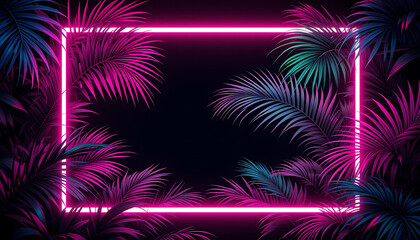Glowing neon pink frame surrounded by tropical palm leaves on a dark black background scene design 3d wallpaper home decoration custom 3d photo wallpaper panaflex design for wall hd background